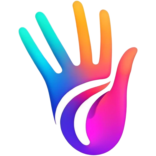A futuristic abstract logo with curved dynamic lines resembling a subtle hand motion, glowing neon gradients, minimal and modern emoji