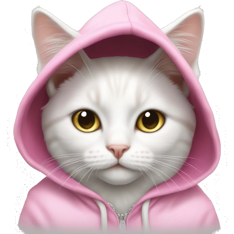 White cat with a pink hoodie ￼ emoji
