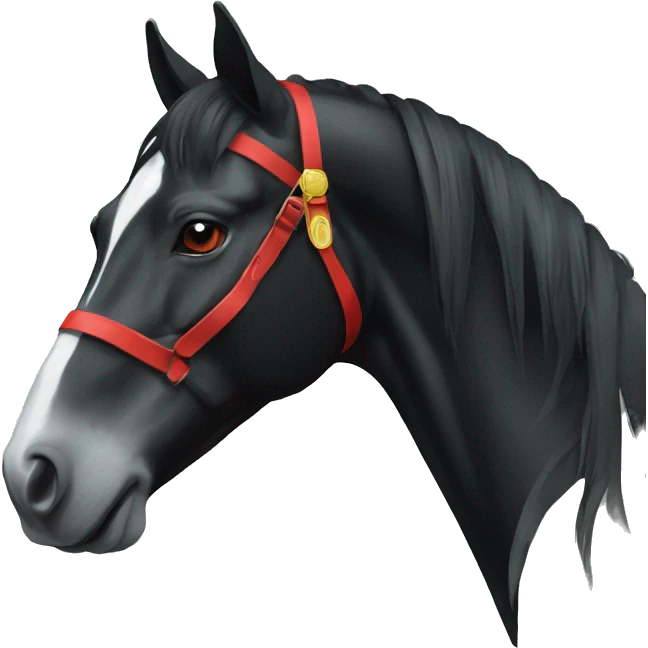 a black horse with a white stripe on its nose and red strands in the hryvnia emoji