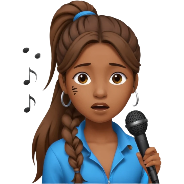 Brown skin girl with a long ponytail singing into a microphone looking sad with music notes coming out emoji