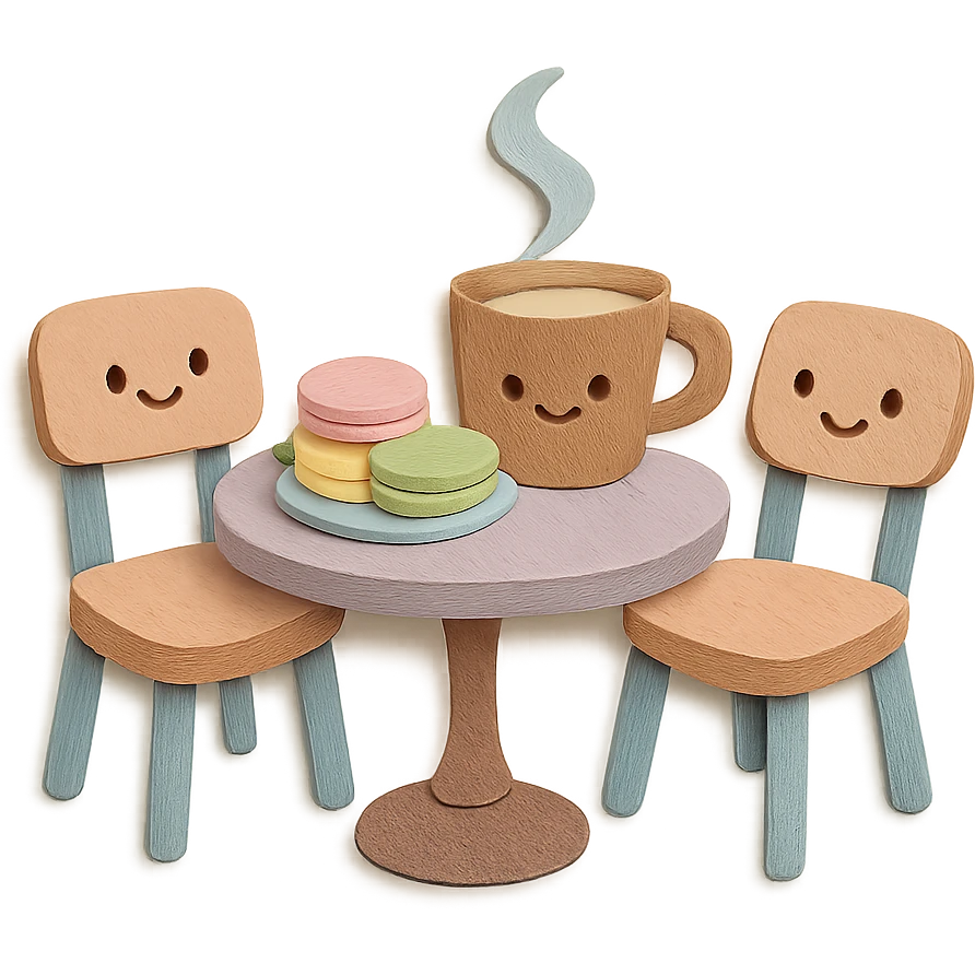 kawaii coffee shop table and chairs set with macarons and coffee, soft pastel hand-drawn illustration emoji