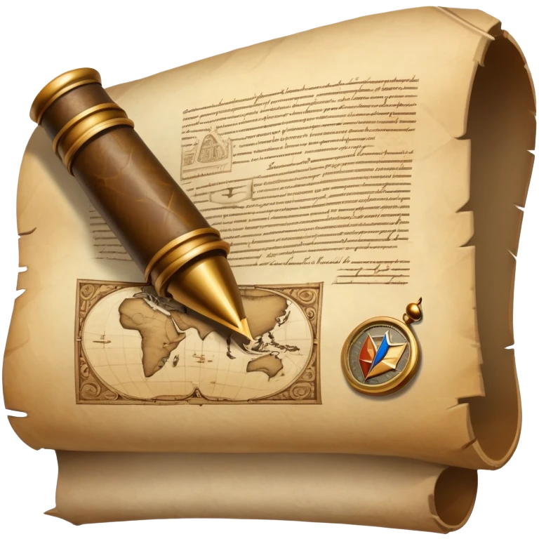 An icon featuring an ancient scroll, a quill, and a historical artifact like a shield or coin. The design includes a backdrop of old maps and timelines, symbolizing the study of past events and civilizations. Transparent background highlights the exploration of history. emoji