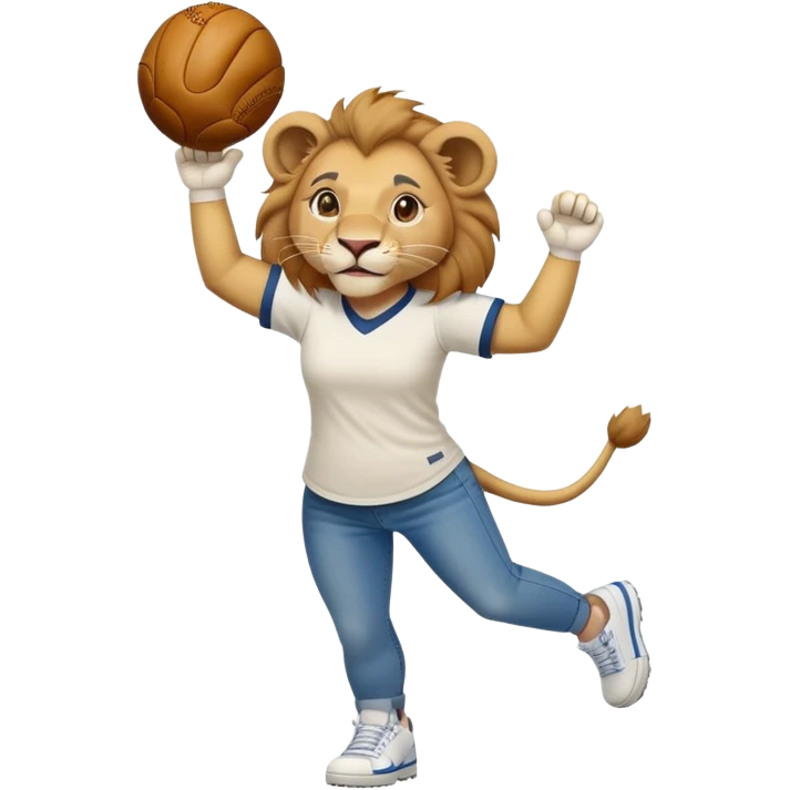 friendly anthropomorphised female lion wearing a baseball shirt, jeans, and trainers, lifting something up emoji