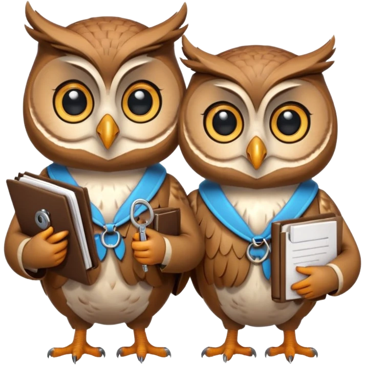 Сова передает ключи другой сове, у обеих довольные лица и папка с документами emoji