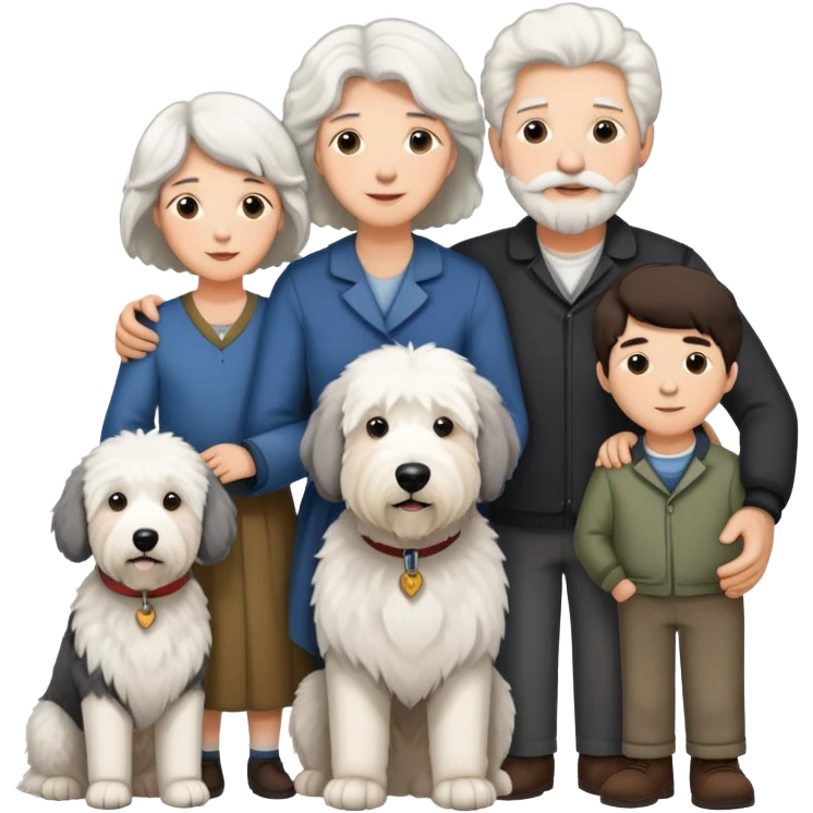 A family with mom, dad, three sons, and an Old English Sheepdog emoji
