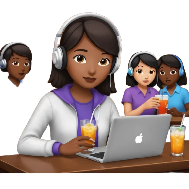 An Asian girl at a dark crowded bar with a laptop and headphones on holding a drink  emoji