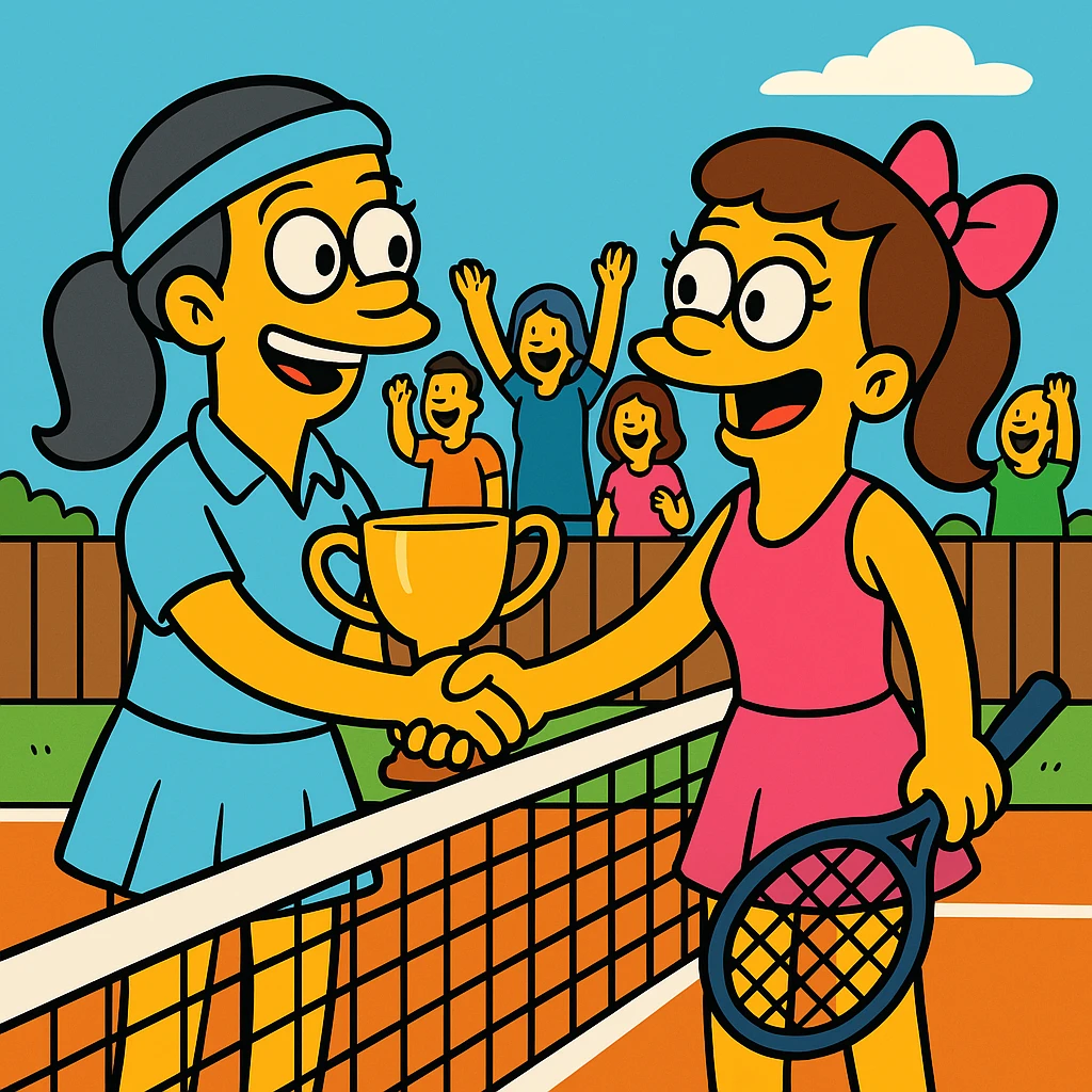  2 female tennis players standing on tennis courte. Congratulating each other shaking hands and smiling, one of them is holding a cup for winning. At the background the spectators cheering emoji