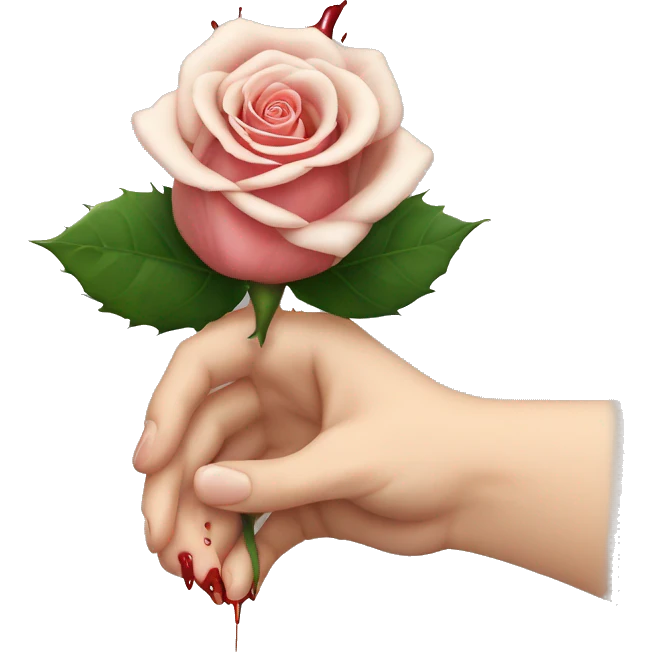 An image of a hand holding a rose, with a thorn piercing the skin, showing a small drop of blood emoji