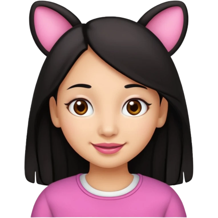 Gordita, ojos pequeños de color cafe oscuro, labios pequeños y rosados, piel trigueña, orejas pequeñas, cabello largo lazio y negro. emoji