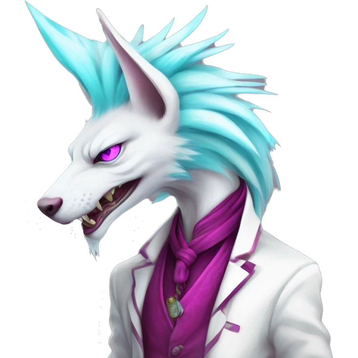 White badass elegant wild beautiful natural cute badass epic anthro modern albino sergal-vernid-creature with cyan mane and magenta eyes with cyan edgy stripes, full body emoji