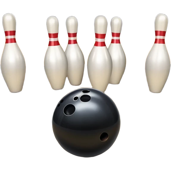 A bowling ball rolling down the lane towards a set of pins, with the pins poised to fall. The scene is set in a bowling alley with bright lights and a polished wooden floor, capturing the excitement and precision of the sport. emoji