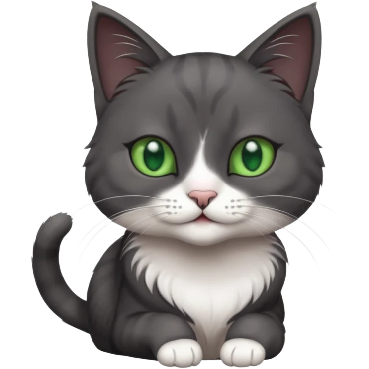 beautiful female solid dark grey cat with green eyes, white toes/paws and white patch on her chest playing emoji