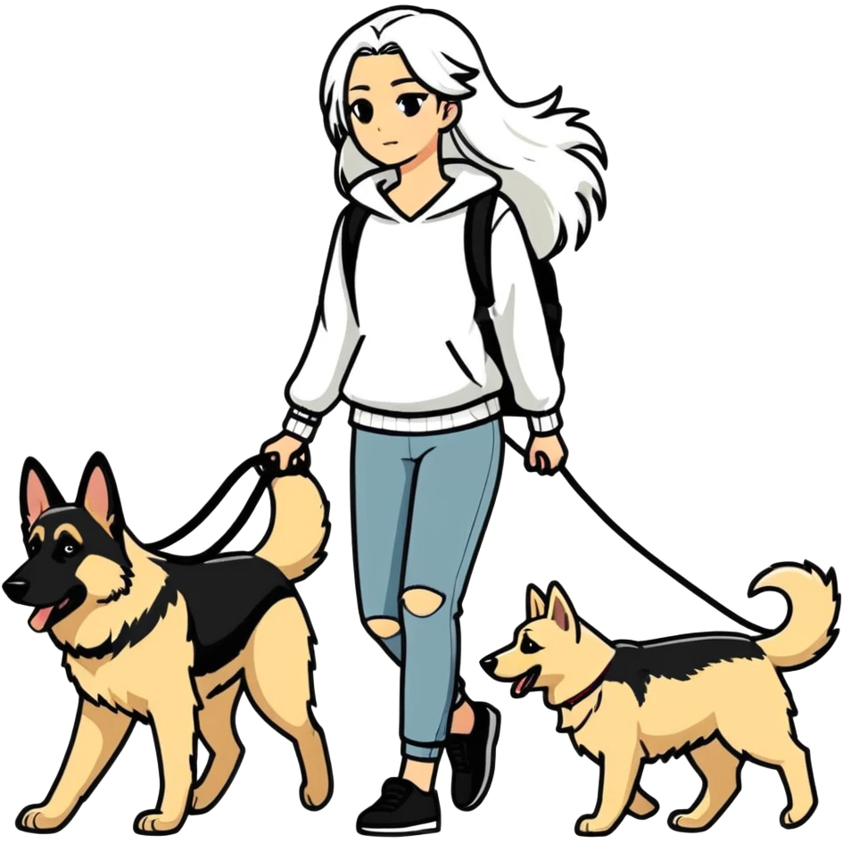 girl with long white hair walking a German Shepherd emoji