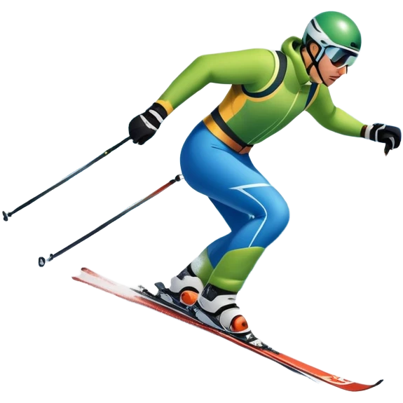 An icon featuring snowy peaks, pine trees, and a picturesque mountain landscape with a skier racing down a snow-covered slope, The sky is blue with soft clouds, capturing the thrill and beauty of alpine skiing. Transparent background highlights the excitement and serenity of winter sports. emoji