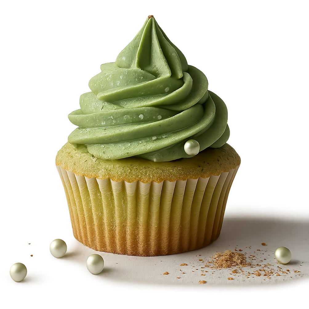 Change the icing to matcha (green tea) flavor, keep the realistic cupcake and accessories, photorealistic style, transparent background. emoji