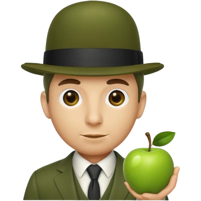 homme en costume chapeu melon, grosse pomme verte devant visage emoji