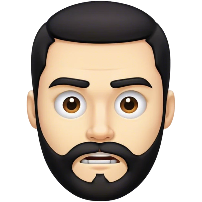 Distorted cartoon face after punch, stretched cheeks, trimmed beard, medium-length black hair, short sides, hair forward, transparent background. emoji