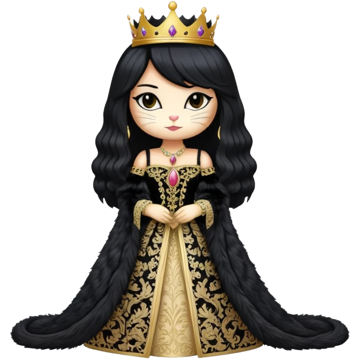 cat dressed like a beautiful queen with a long pretty black wig emoji