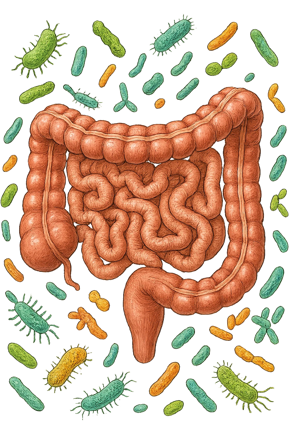 intestino umano anatomico con batteri intestinali che gli fluttuano intorno emoji