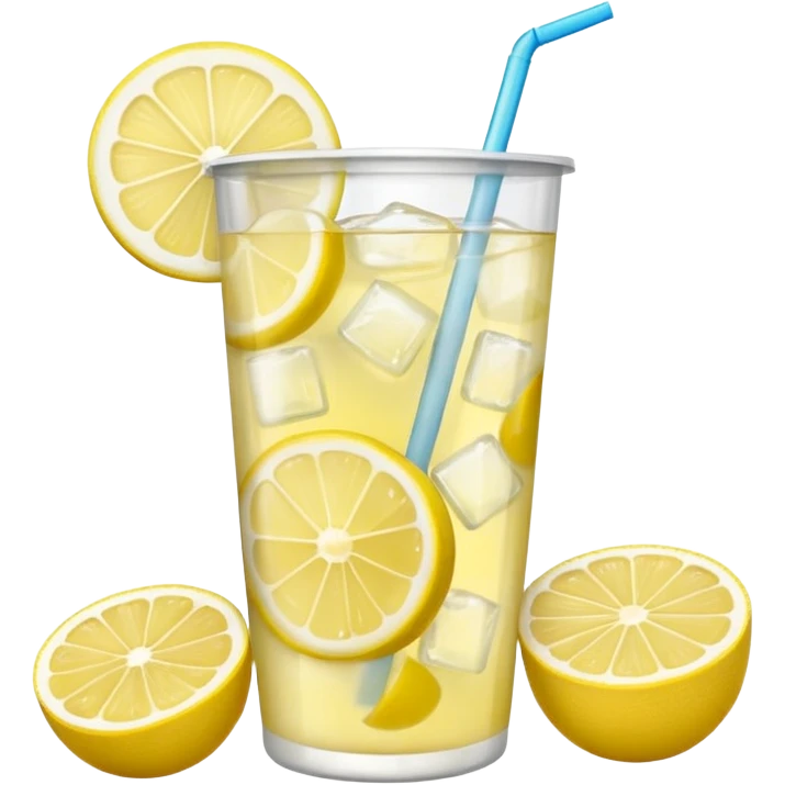 Iced lemonade with lemons in a clear plastic cup with no eyes or smiles emoji