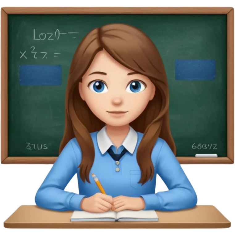 high school class room with a pretty female high school student with long brown hair, blue eyes sitting in front of the blackboard emoji