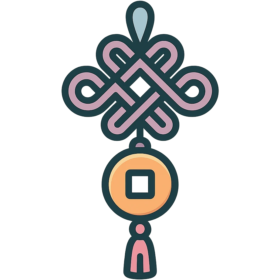 Chinese happiness knot with coin, icon-color-outlined style, detailed shadows and highlights, thin clean contours, soft rounded shapes, pastel palette #98B5BC, #B5B3C1, #C9A3C9, #E4C0CA, #F7DCD1, #F7C0AA, modern Japanese pop art and sticker aesthetics, high detail, vector sharpness, soft lighting, transparent background emoji