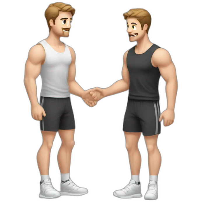 Full height Actively gesturing with hands Pale skinned Fit Man With the biceps and brown hair in dark gray Sleeveless Mike, black oversize sports shorts, watch and white Sneakers emoji