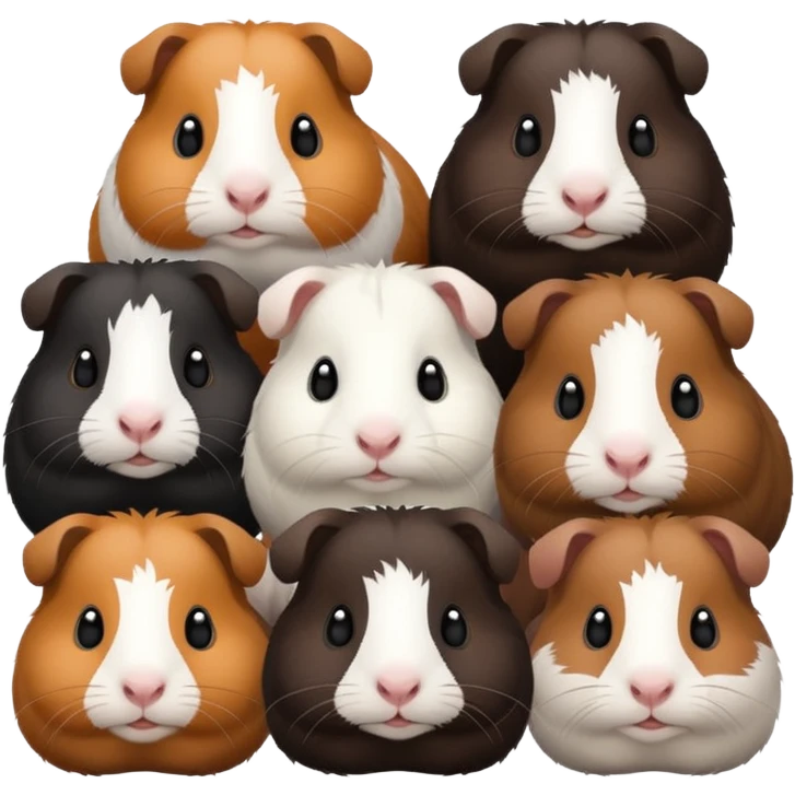 6 guinea pigs 2 black 1 creme 1 black and brown 1 white 1 white back and brown emoji