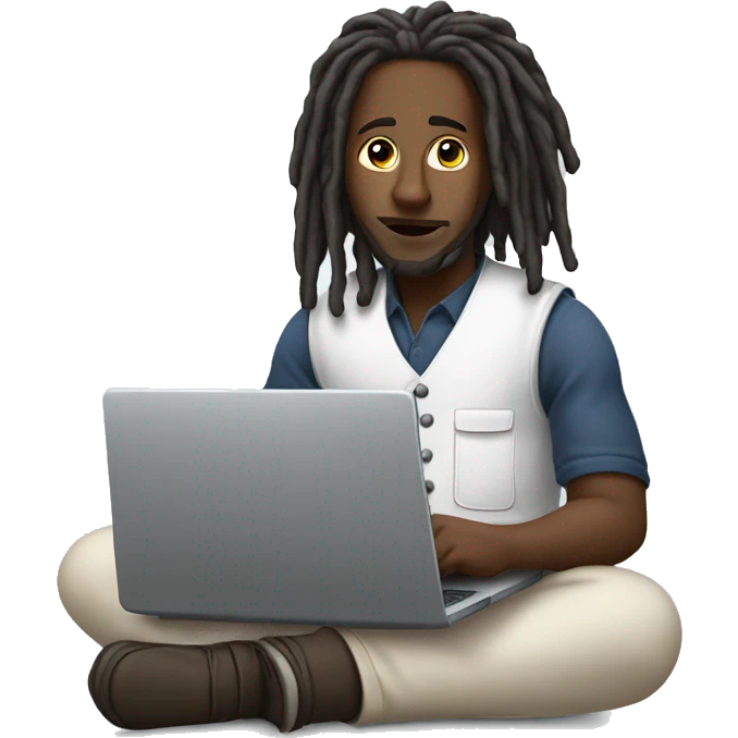 Black-guy-with-dreads-wearing-white-vest-sitting-down-on-floor-facing-foward-focused-on-laptop-computer emoji
