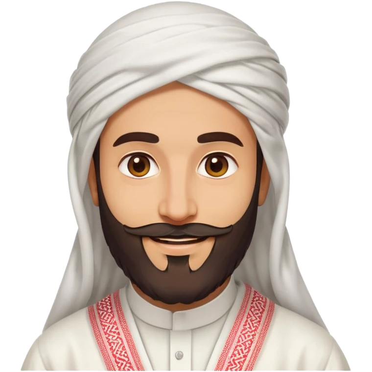 Saudi man emoji style, prominent beard, sharp facial features, white thobe, red shemagh, smiling warmly emoji
