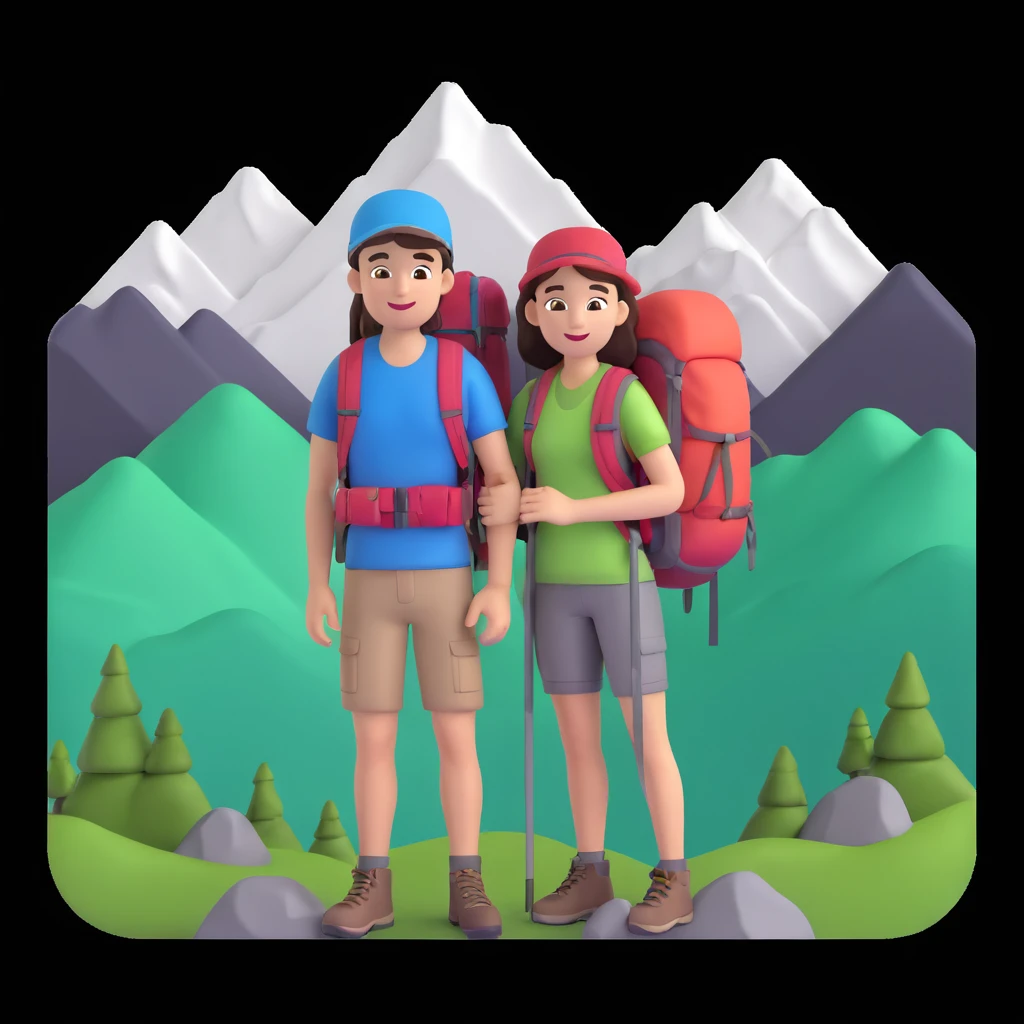 back packer couple posing, mountains in background,   close up pose emoji