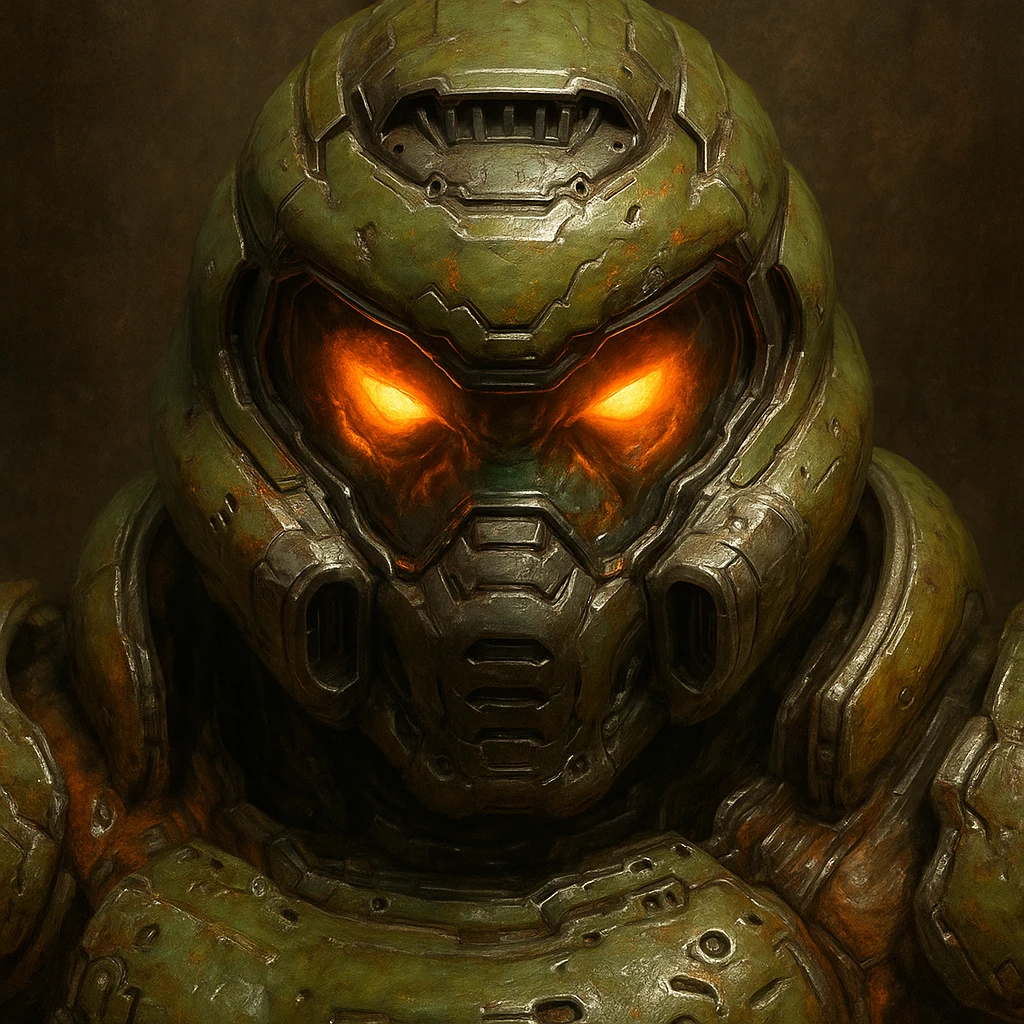 The Doomslayer, close-up of helmet and glowing eyes, green armor, gritty and powerful, inspired by Doom Eternal emoji