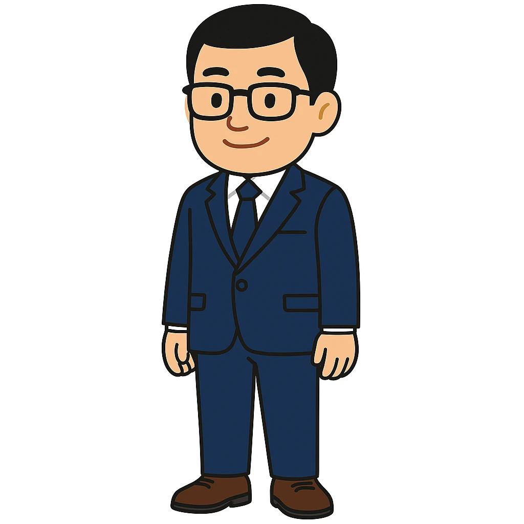 Edit the character to be a professional and friendly Asian male in his 30s-40s, with a balanced build, neat black short hair, and black-framed glasses. Dress him in a dark blue suit jacket, white shirt, and dark blue tie with brown leather shoes. Ensure he stands upright with a relaxed and confident posture, hands naturally at his sides, and feet slightly apart. The background should be pure white with no additional elements. The character should be centered with a symmetrical composition. The overall color scheme should be stable and harmonious with dark blue, white, and brown tones, conveying a professional yet approachable demeanor suitable for business or financial themes. The style should be emoji-like and cartoonish, with a clean and simple composition, no shadows or complex textures, similar to commercial flat design. No text elements should be included. The character should have a slight smile. emoji
