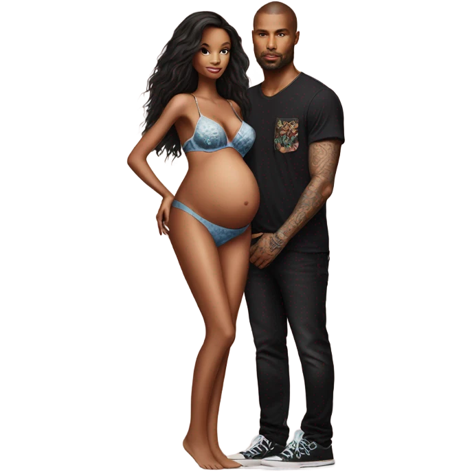Photo of a Victoria secret model pregnant Standing next to a tattooed male model  emoji