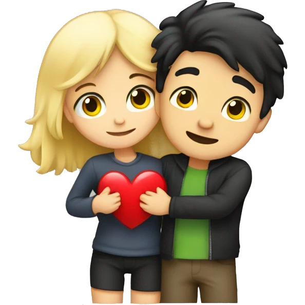 Dark hair Boy hugging a blonde girl qith heart behind emoji