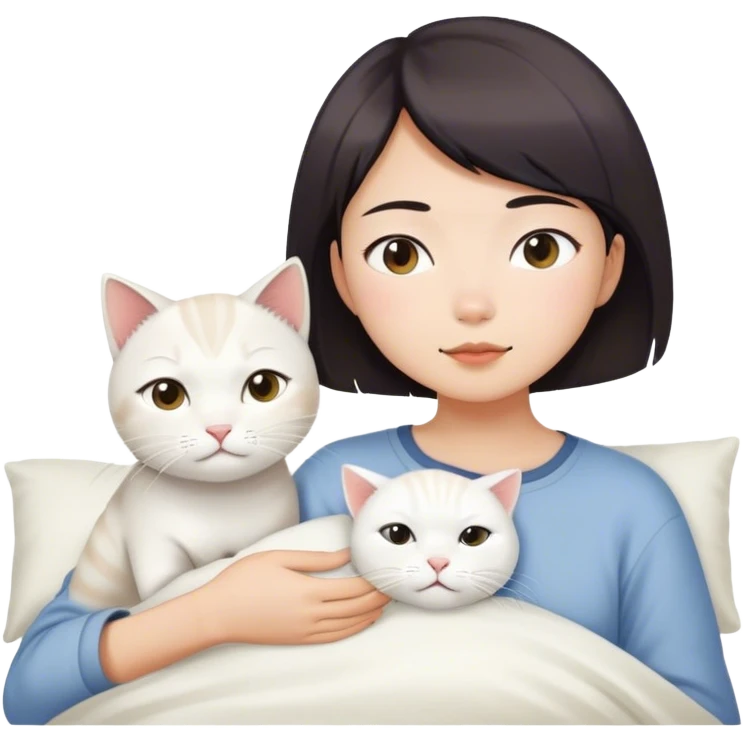 Short hair Asian girl wake up with white cat  emoji