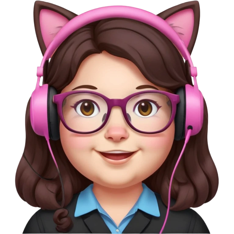 chubby English teacher face, pink cat glasses, long wavy dark brown hair, smiling, subtle gamer headset emoji
