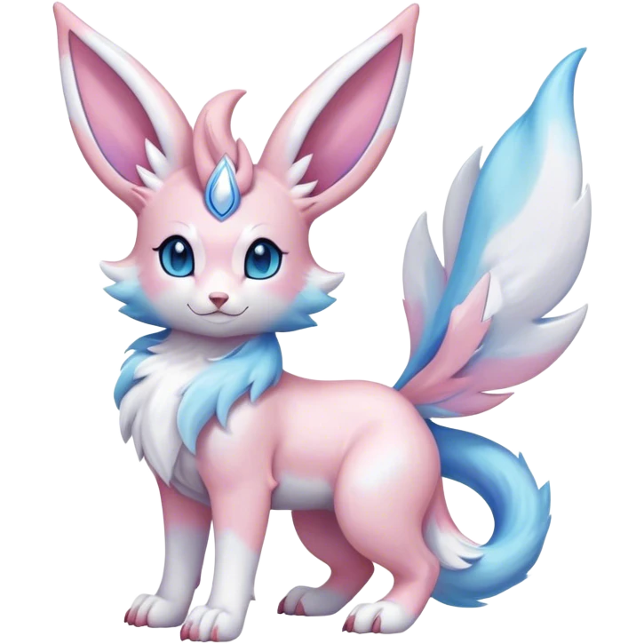 Feral Rare Fantasy cute realistic adorable pastel pink light-blue white iridescent Sylveon-Vernid-Sergal-hybrid by LiLaiRa, markings, tufted ears, full body emoji