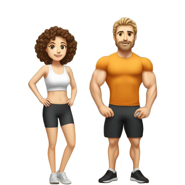 In a gym  husband with white skin and brown hair and wife with white skin and brown curly hair  emoji