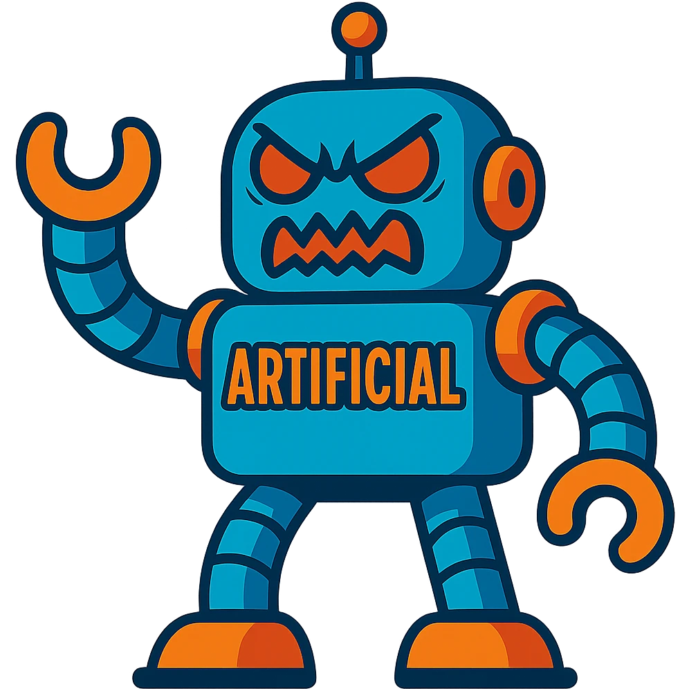 Replace the text 'AI' with the word 'artificial'. Make the robot cartoon-like with a destructive, menacing face. Keep the vibrant toon style. Remove the background. emoji