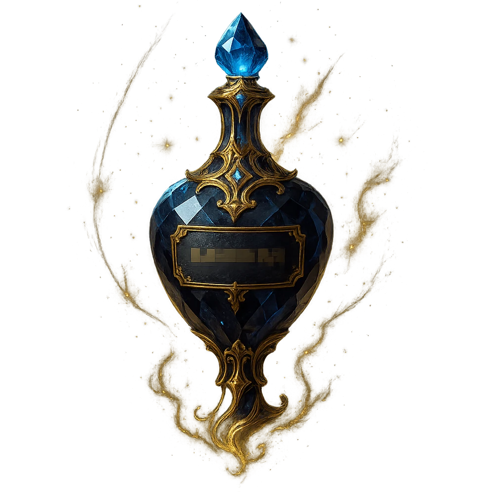 luxurious dark crystal elixir bottle with censored inscriptions, lots of glowing effects, ornate golden details, magical effects, very small neck, beautiful merging base, clearly floating in air, transparent background, no ground or shadow emoji