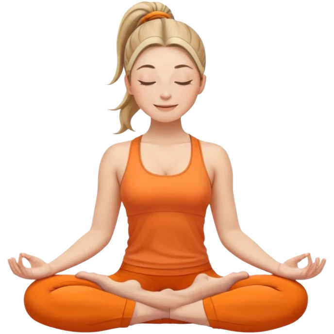white woman with ponytail hairstyle, sitting in lotus position, eyes closed with a subtle happy smile, wearing orange yoga outfit emoji