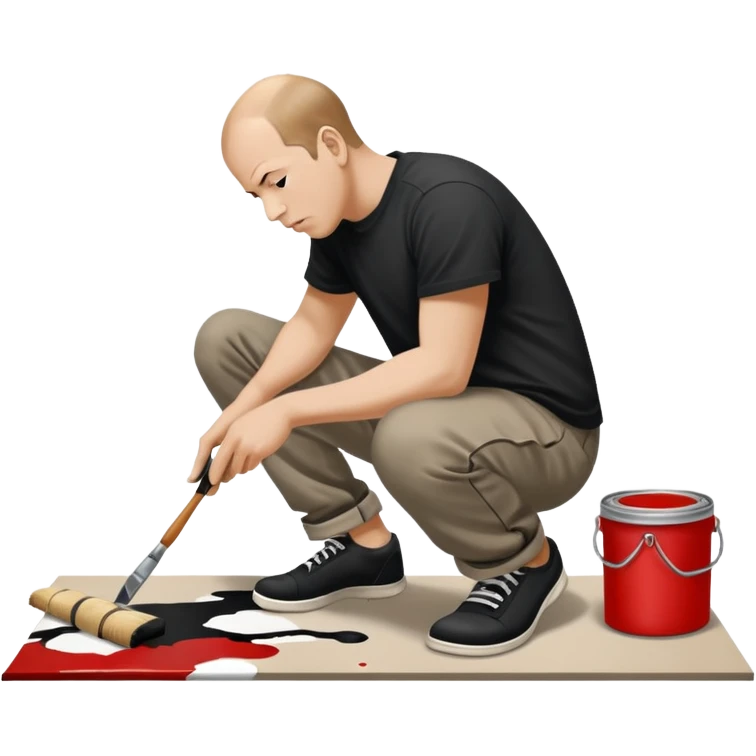 Jackson pollock the abstract artist leaning over to flick black white and red paint from a brush onto a canvas at his feet on the ground emoji
