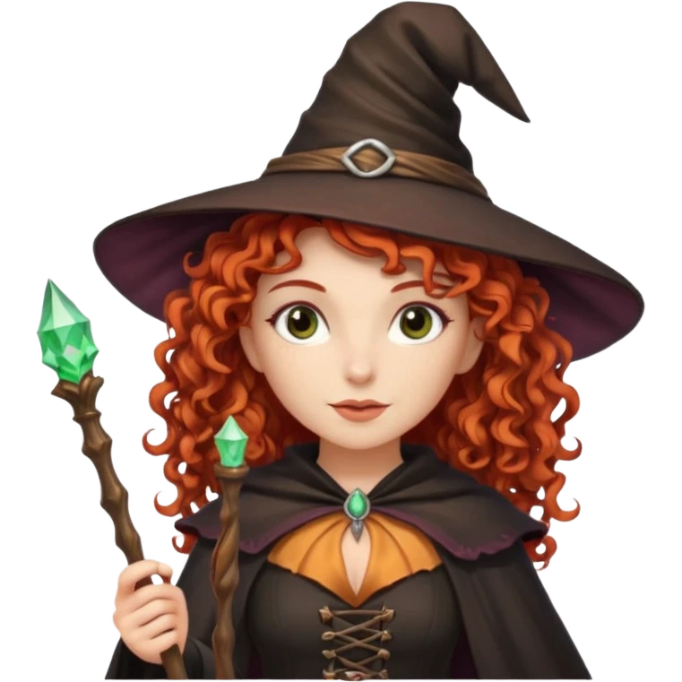 Рыжая кудрявая фея ведьма в шляпе и с волшебной палочкой белая кожа emoji