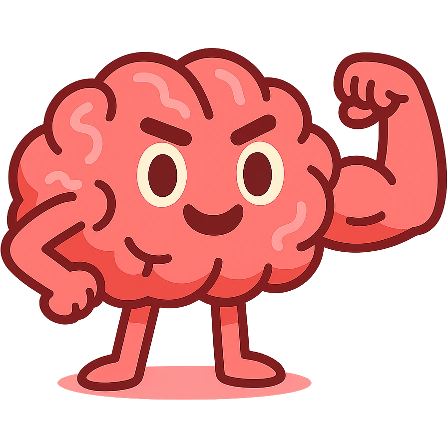 cute cartoon-style brain flexing a bicep, expressive, symbolizing mind power, endurance, resilience emoji