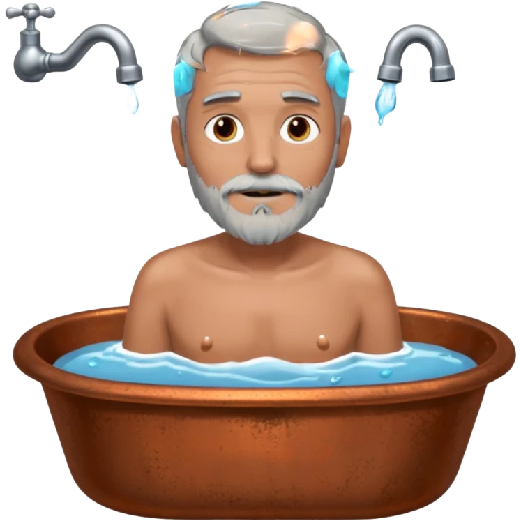 Man with grey hair and grey beard in old copper bath with water running from taps emoji
