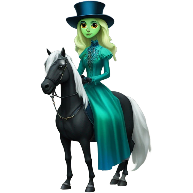 "galora green blonde alien woman" in blue Victorian dress elegant, full body, on black horse emoji