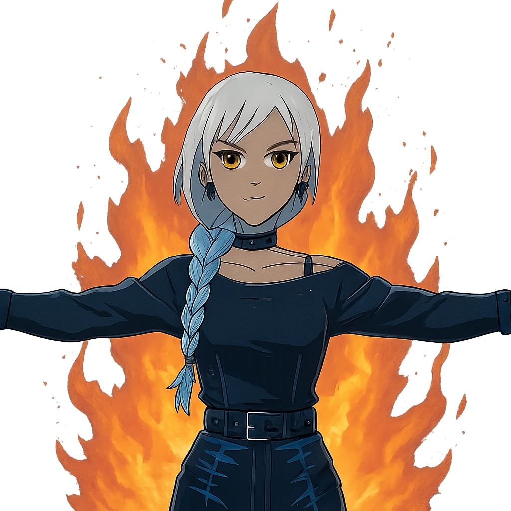  young woman with gold yellow eyes, white hair, long braid, black off-shoulder top, punk gothic style, futuristic cyberwave cyberpunk,, she is calmly t-posing in front of a raging fire emoji