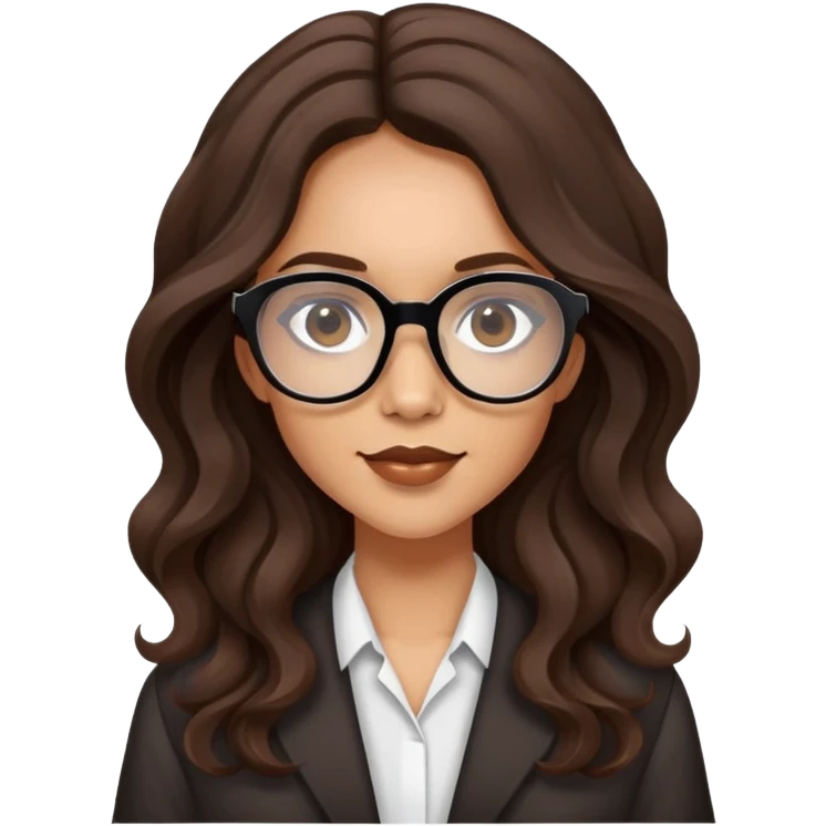 Light skinned brunette with long wavy hair and dark brown, hxagon glasses emoji