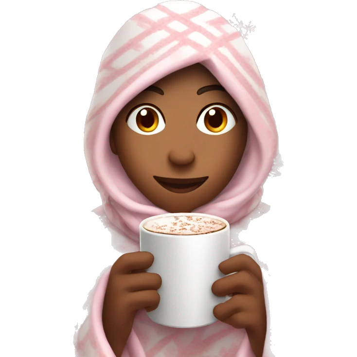 person wrapped in a cozy white snowflake pattern blanket whilst holding a steaming hot chocolate, light pink themed emoji
